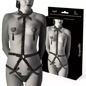 COQUETTE CHIC DESIRE ELASTIC HARNESS SET AND NIPPLE COVERS BLACK