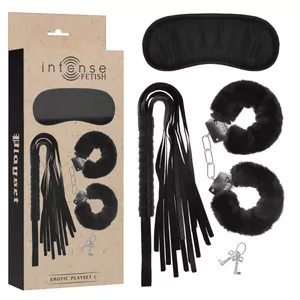 INTENSE FETISH - EROTIC PLAYSET 1 WITH HANDCUFFS, BLIND MASK AND FLOGGER